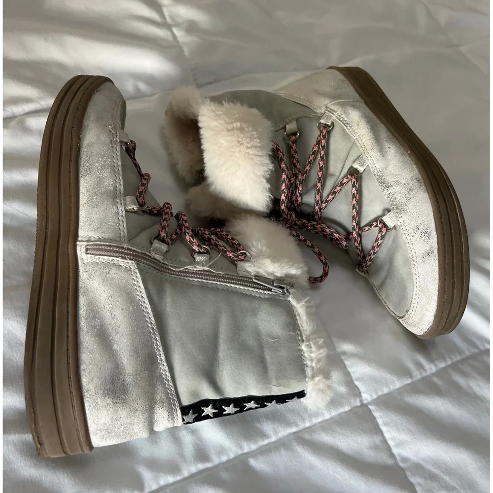 SPROX Kids Cozy Fur Lined Snow Boots Gray Pink Laces‎ Stars Side Zip